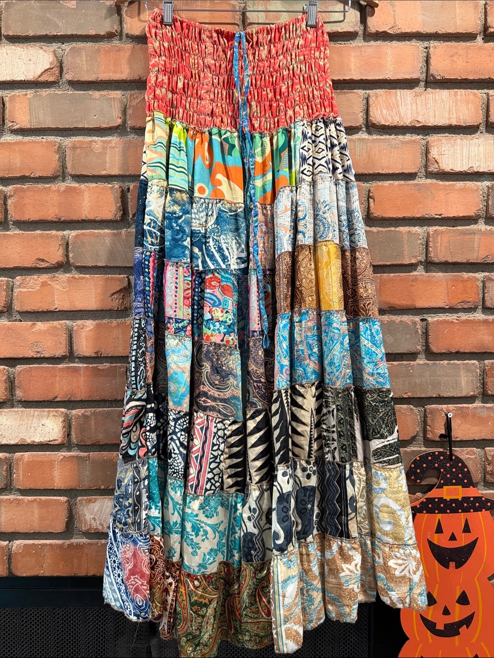 Handmade Bohemian Patchwork Maxi Skirt in Coral and Multicolor